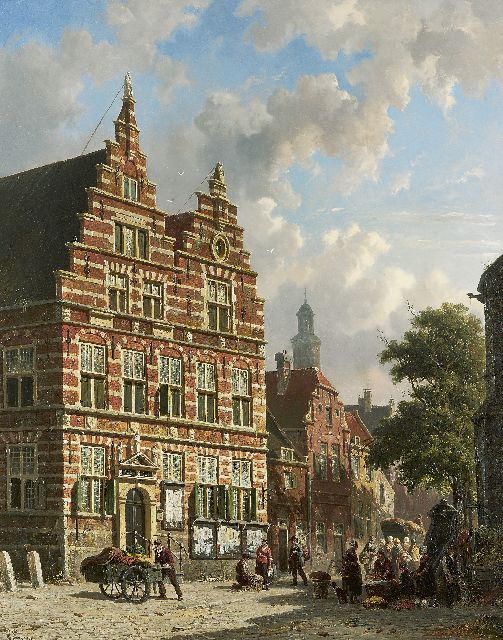 Adrianus Eversen | Groentehandel voor het Oude Gemeentehuis Naarden Vesting, olieverf op paneel, 66,8 x 53,0 cm, gesigneerd l.o. en verso op etiket, en met monogram r.o.