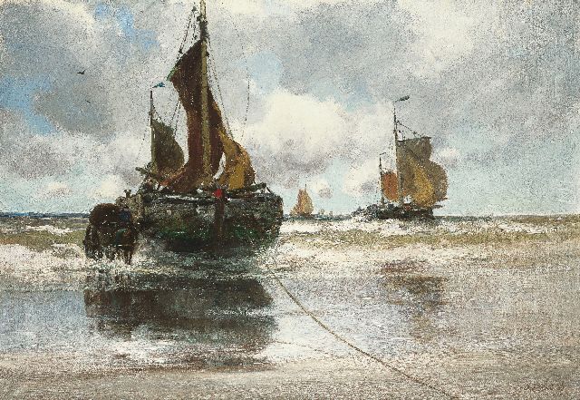 Charles Paul Gruppe | Het uitladen van de vangst, olieverf op doek, 83,5 x 121,5 cm, gesigneerd r.o.