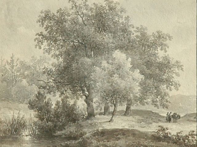Andreas Schelfhout | Reizigers in een boslandschap, penseel in bruine inkt op papier, 12,6 x 16,3 cm, gesigneerd verso