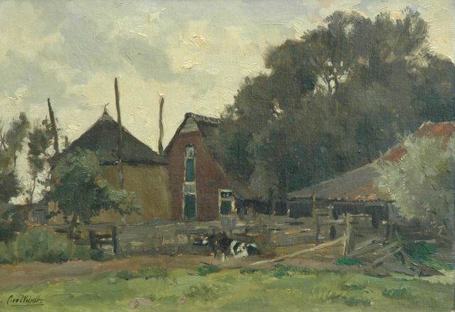 Chris van der Windt | Boerderij met twee koeien, olieverf op paneel, 30,0 x 43,3 cm, gesigneerd l.o.