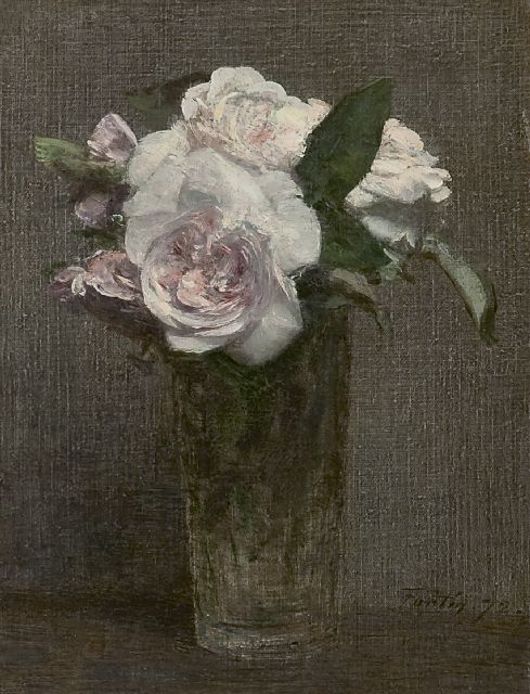 Fantin-Latour I.H.J.T.  | Rozen in recht glas, olieverf op doek 28,3 x 21,8 cm, gesigneerd r.o. en gedateerd '72