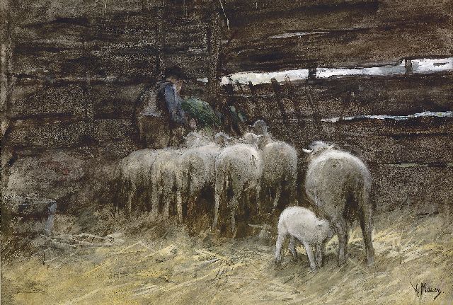 Anton Mauve | De schaapskooi, aquarel en gouache op papier, 33,0 x 47,0 cm, gesigneerd r.o.