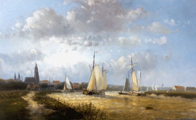 Hendrik Hulk | Zeilschepen op de Ijssel bij Deventer, olieverf op paneel, 19,7 x 30,9 cm, gesigneerd r.o.