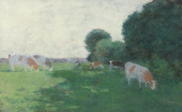 Jan Voerman sr. | Grazend IJsselvee, aquarel op papier, 30,0 x 47,7 cm, gesigneerd r.o.