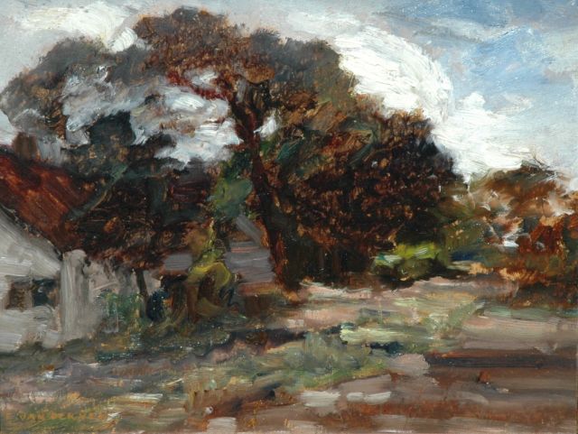 Manus van der Ven | Huis met bomen, olieverf op schildersboard, 27,8 x 35,2 cm, gesigneerd l.o.