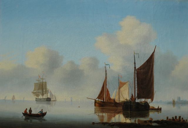 Willem Gruijter jr. | Beurtschepen voor anker in kalme riviermond, olieverf op paneel, 26,8 x 38,6 cm, gesigneerd r.o. met initialen en gedateerd '40
