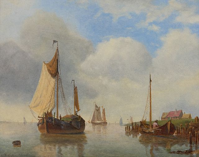 Marinus Adrianus Koekkoek I | Tjalken op een kalme zee, olieverf op paneel, 21,4 x 26,8 cm, gesigneerd l.o.