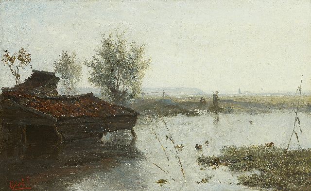 Constan Gabriel | Vissers bij een poldersloot met schuitenhuis, olieverf op doek, 28,9 x 46,4 cm, gesigneerd l.o.