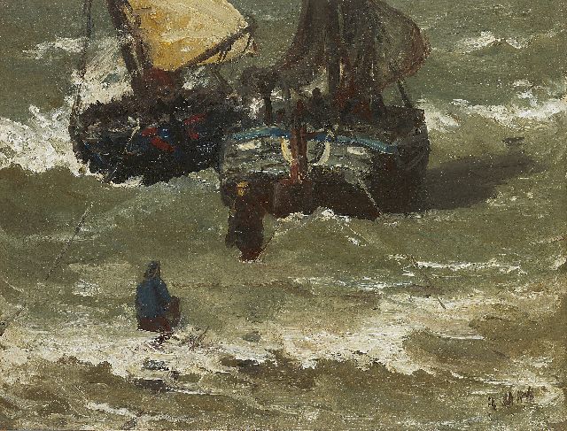 Hendrik Willem Mesdag | Twee bommen worden bevoorraad, olieverf op doek op paneel, 29,2 x 38,5 cm, gesigneerd r.o. met initialen