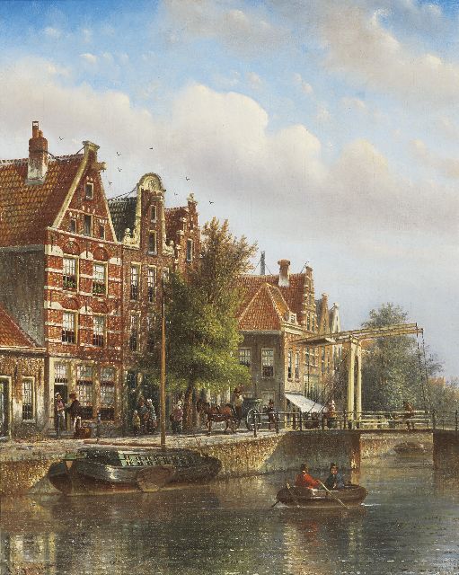 Johannes Franciscus Spohler | Zomers stadsgezicht met afgemeerde trekschuit en roeibootje, olieverf op doek, 44,0 x 35,0 cm, gesigneerd l.o.