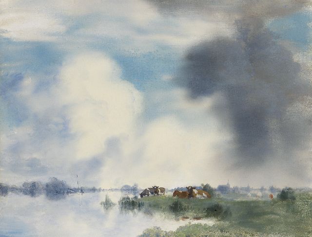 Jan Voerman sr. | Koeien langs de IJssel bij Hattem, olieverf op paneel, 39,9 x 52,2 cm, gesigneerd r.o. (vaag)