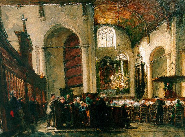 Richard Bisschop | Kerkdienst in de kerk van Maassluis, olieverf op paneel, 45,7 x 56,0 cm, gesigneerd l.o.