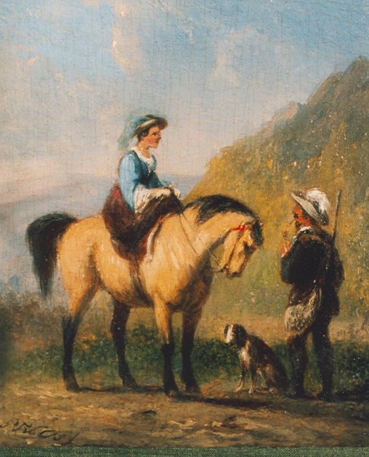 Pieter Frederik van Os | Gesprek tussen jager en amazone, olieverf op paneel, 8,0 x 6,0 cm, gesigneerd l.o.