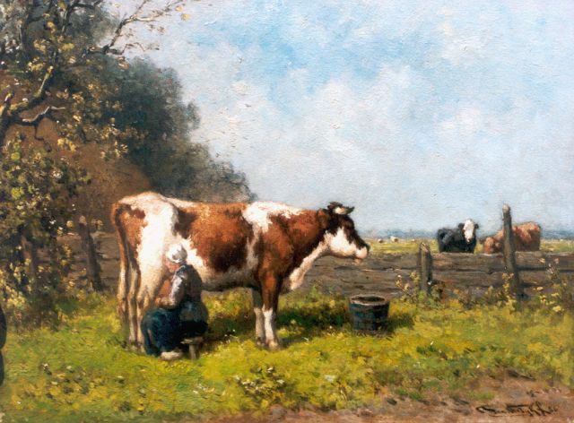 Jan Vrolijk | Melktijd, olieverf op paneel, 24,3 x 31,7 cm, gesigneerd r.o. en gedateerd '56