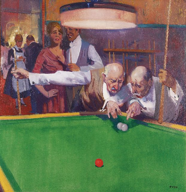 Piet van der Hem | Biljartspelers in discussie, olieverf op doek, 79,8 x 76,7 cm, gesigneerd r.o. en op doekomslag met initialen en te dateren ca. 1919