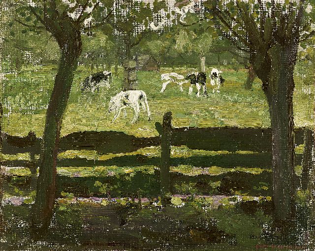 Piet Mondriaan | Kalfjes in de wei - 'het witte stierkalf', olieverf op doek op board, 31,0 x 39,1 cm, gesigneerd r.o. en te dateren ca. 1905