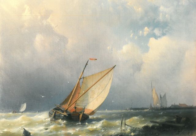 Abraham Hulk | Zeilboten voor de kust, olieverf op paneel, 17,2 x 23,5 cm, gesigneerd r.o.