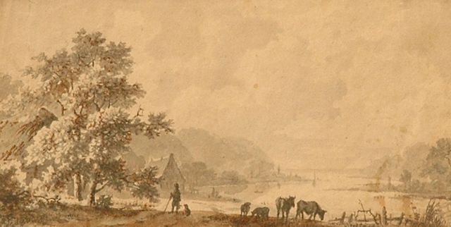 Marinus Adrianus Koekkoek I | Riviervallei met herder en grazend vee, gewassen pen op papier, 7,4 x 14,2 cm, gesigneerd verso en Geschonken aan Museum B.C. Koekkoek-Haus, Kleef