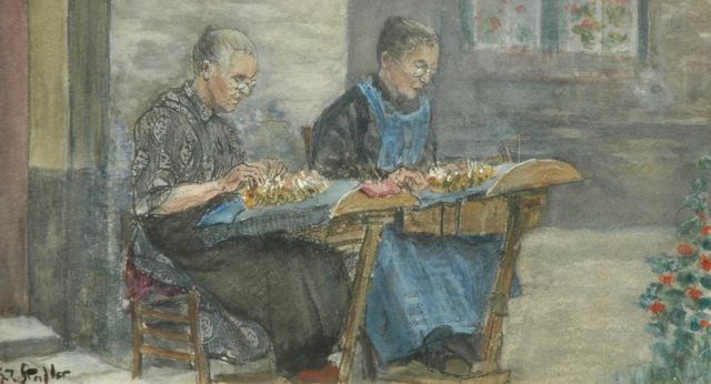 Gerard Johan Staller | Kantklossen, potlood, krijt en aquarel op papier, 12,1 x 22,1 cm, gesigneerd l.o.