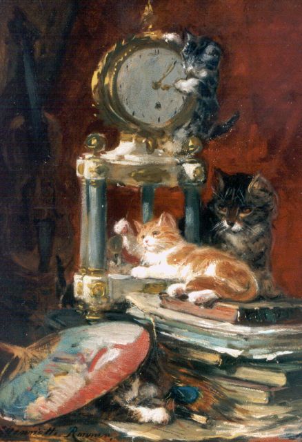 Henriette Ronner-Knip | Spelende jonge katjes op tafel bij een klok, olieverf op doek op paneel, 37,3 x 26,6 cm, gesigneerd l.o.