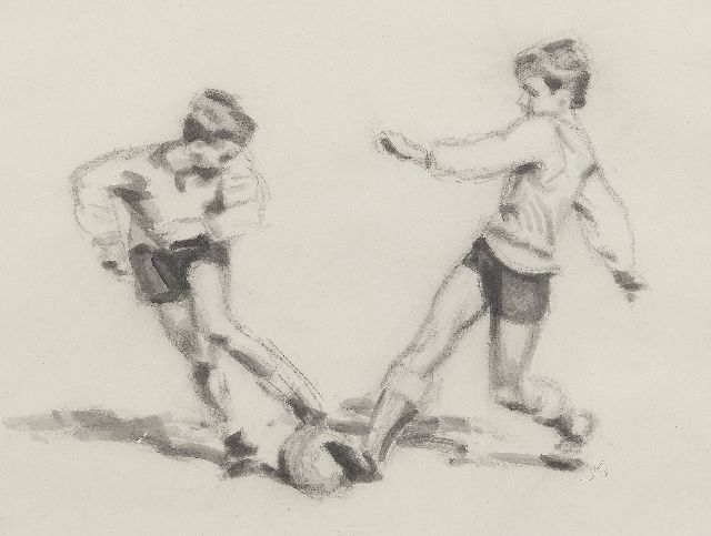 Jan Kempers | Voetballer 3, houtskool en inkt op papier, 38,0 x 48,0 cm, gesigneerd  r.o. met monogram en jaren '50