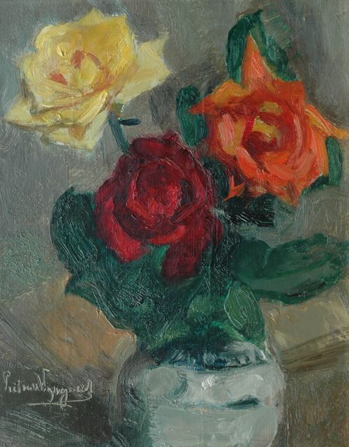 Piet van Wijngaerdt | Rozen in een Keulse pot, olieverf op doek, 30,8 x 24,8 cm, gesigneerd l.o.
