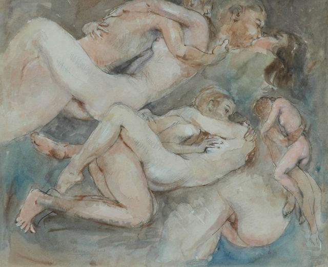Harry Maas | Studie van minnend paar, aquarel op papier op karton, 48,3 x 58,0 cm, gesigneerd l.v.h.m. en gedateerd 1971