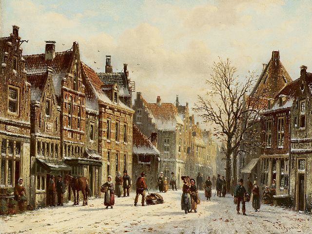 Johannes Franciscus Spohler | Besneeuwde straat met figuren  (pendant van 12077), olieverf op paneel, 15,8 x 21,0 cm, gesigneerd r.o.