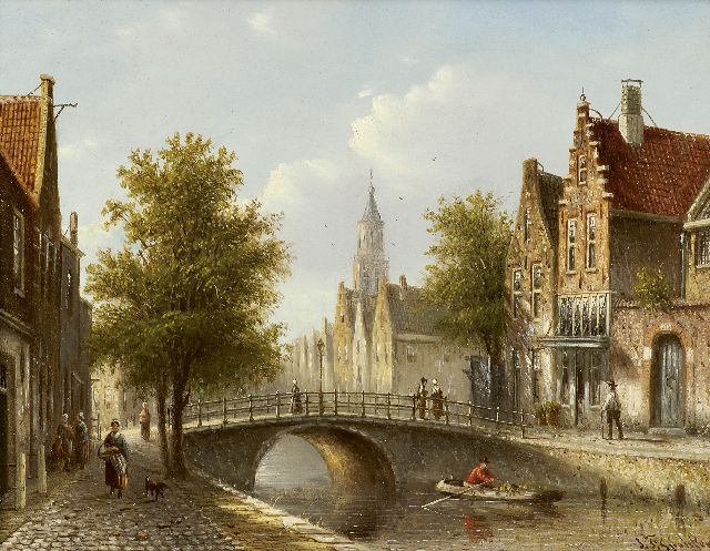 Johannes Franciscus Spohler | Zomers stadsgezicht  (pendant van 12076), olieverf op paneel, 15,9 x 20,5 cm, gesigneerd r.o.