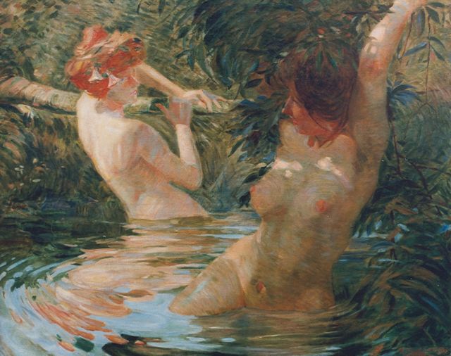 Antoine Calbet | Twee baadsters in een bosvijver, olieverf op doek, 80,7 x 100,0 cm, gesigneerd r.o. en gedateerd 1914