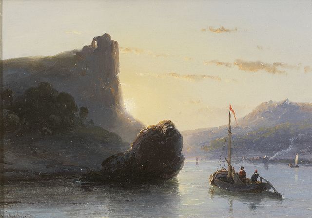 Andreas Schelfhout | Schepen op een rivier bij vallende avond, olieverf op paneel, 18,5 x 26,1 cm, gesigneerd l.o.