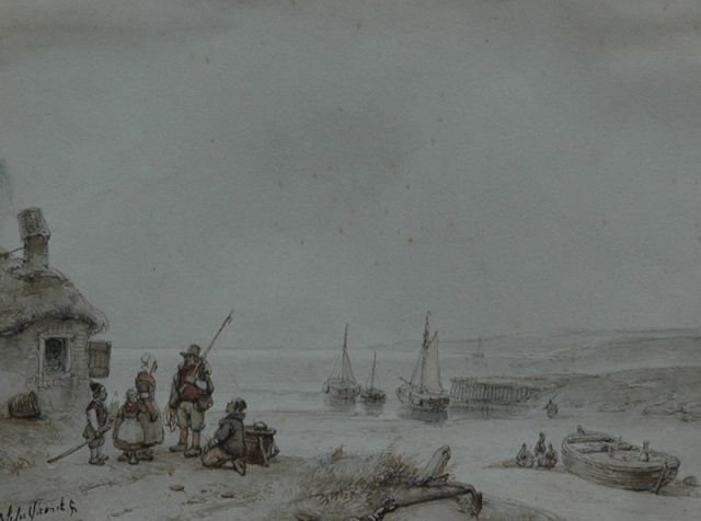 Andreas Schelfhout | Vissersfamilie bij het strand, Frankrijk, pen, bruine inkt en aquarel op papier, 18,1 x 24,7 cm, gesigneerd l.o.