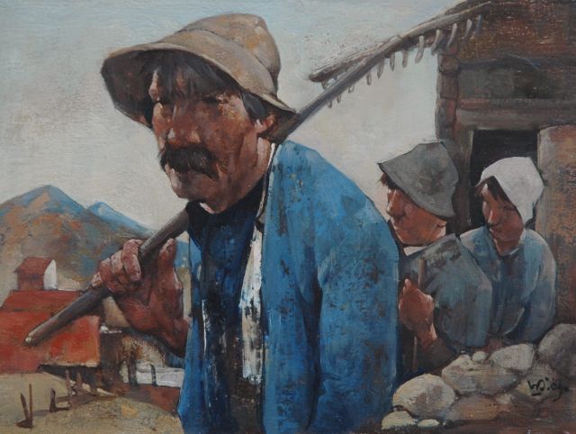 Willem van den Berg | Boeren in Scharans, olieverf op board, 16,1 x 21,0 cm, gesigneerd r.o. met monogram en gedateerd '69