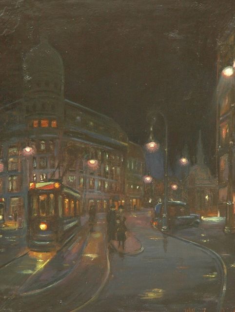 Willem Janzen | Het Leidseplein, Amsterdam, bij avond, olieverf op doek, 69,2 x 54,5 cm, gesigneerd r.o. en gedateerd Apr. 1917