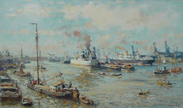 Evert Moll | Oceaanstomer op de Nieuwe Maas bij Rotterdam, olieverf op doek, 60,2 x 100,3 cm, gesigneerd r.o.