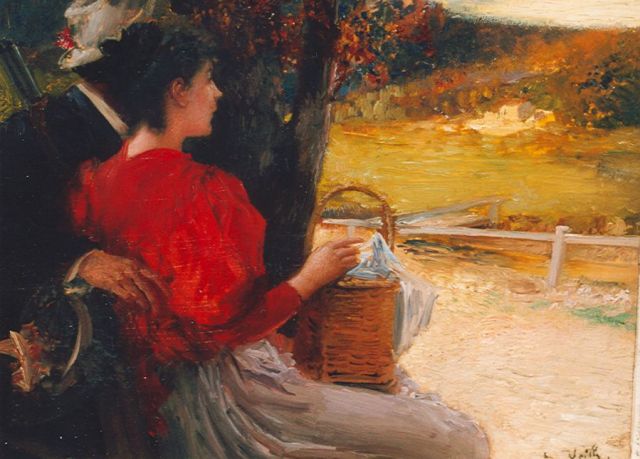 Eduard Veith | Jager met zijn geliefde onder een boom, olieverf op paneel, 17,7 x 23,9 cm, gesigneerd r.o.