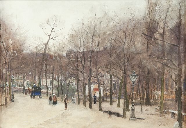 Geo Poggenbeek | Amsterdams straatgezicht met figuren, koets en een nieuwsbord, aquarel op papier, 40,3 x 57,4 cm, gesigneerd r.o.