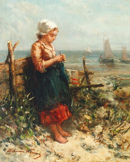Elchanon Verveer | Vissersmeisje, breiend op een duintop, olieverf op paneel, 11,2 x 9,0 cm, gesigneerd l.o.