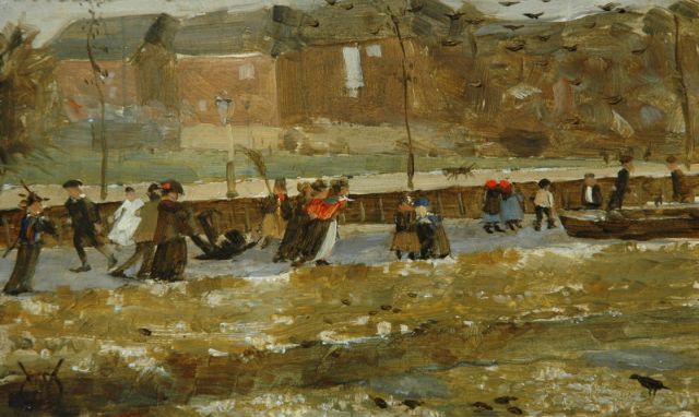 Gerrit Willem Dijsselhof | IJsvermaak op een stadsgracht, olieverf op paneel, 9,7 x 16,0 cm, gesigneerd l.o. met monogram en te dateren ca. 1902-'03