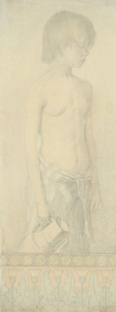 Sanne Bruinier | Jonge kruikdraagster, potlood, kleurpotlood en krijt op papier, 64,5 x 24,7 cm, gesigneerd r.o. met initialen en gedateerd juli '98