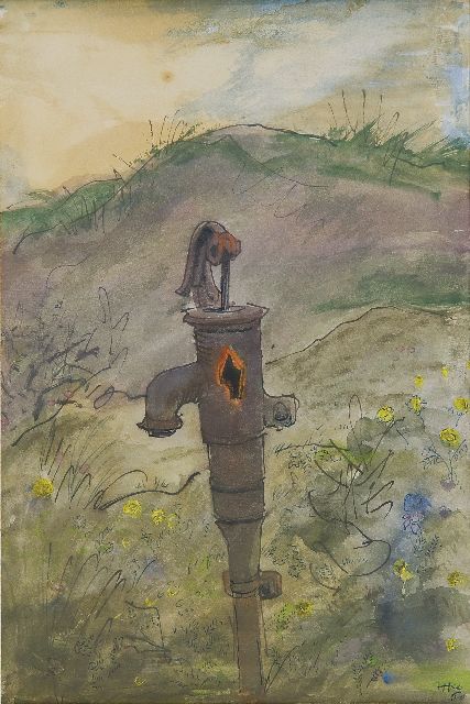 Kamerlingh Onnes H.H.  | Oude pomp in de duinen, Terschelling, pen, inkt en aquarel op papier 22,2 x 15,1 cm, gesigneerd r.o. met monogram en gedateerd '60