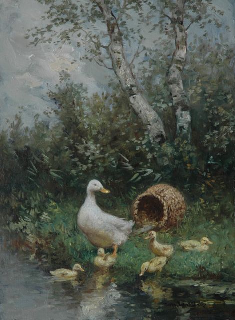 Constant Artz | Moedereend en kuikens bij een korf, olieverf op paneel, 24,0 x 18,2 cm, gesigneerd r.o.