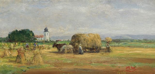 Rolf Dieter Meyer-Wiegand | Graanoogst in Beieren, olieverf op schildersboard, 10,0 x 20,0 cm, gesigneerd r.o. met initialen en verso met atelierstempel