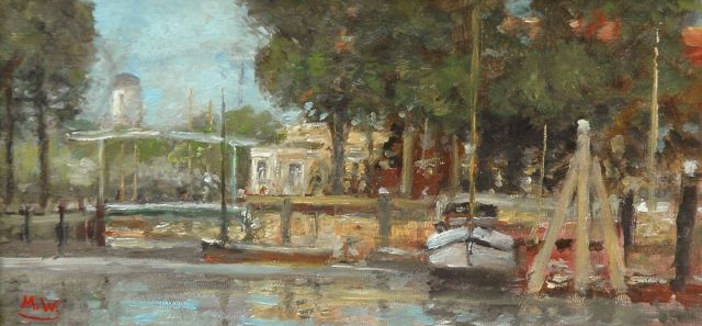 Rolf Dieter Meyer-Wiegand | Hollands grachtje, olieverf op schildersboard, 10,0 x 20,0 cm, gesigneerd l.o. met monogram
