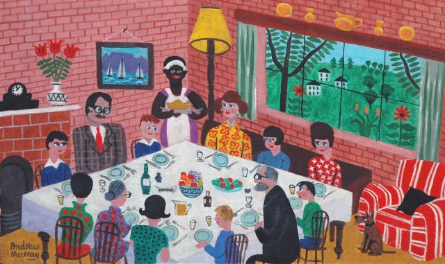 Andrew Murray | Het familiediner, tempera op board, 26,9 x 44,6 cm, gesigneerd l.o. en te dateren 1963
