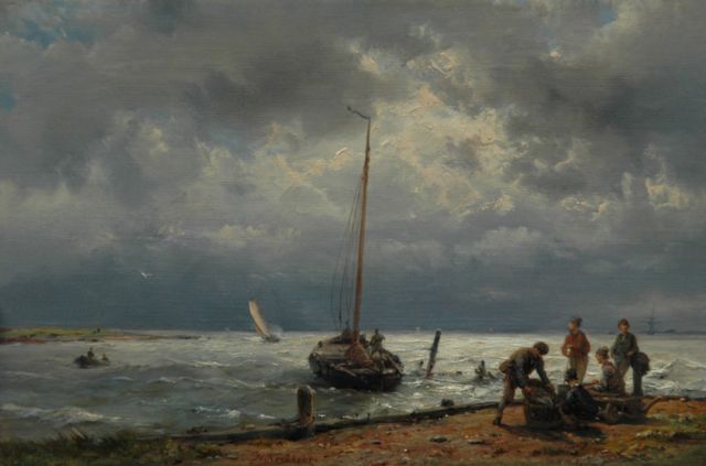 Hermanus Koekkoek | Uitladen van de vangst, olieverf op paneel, 18,8 x 28,4 cm, gesigneerd m.o.