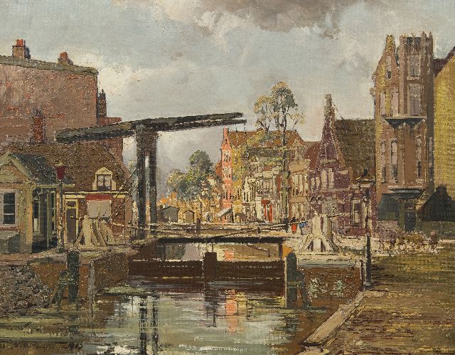 Melcher Tilmes J.H.  | Brug over de Schinkel, de Sluis bij de Overtoom Amsterdam, olieverf op doek 35,2 x 44,7 cm, gesigneerd l.o.