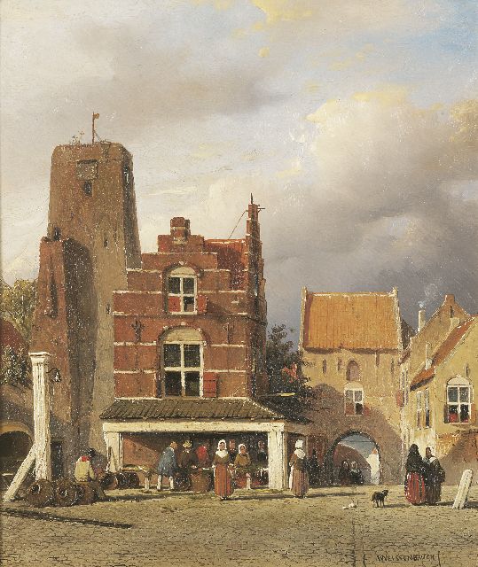 Jan Weissenbruch | Figuren bij de visbanken op de markt van Woudrichem, met de Hoftoren, olieverf op paneel, 30,9 x 25,7 cm, gesigneerd r.o.