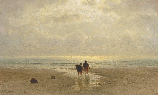 Johannes Josephus Destrée | Twee schelpenvissers op het strand bij avondschemering, olieverf op paneel, 32,6 x 52,0 cm, gesigneerd l.o. en gedateerd 1879