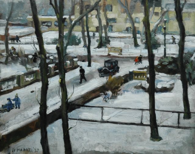 Elise Arntzenius | Winters Den Haag met op de achtergrond het Haags Gemeentemuseum, olieverf op paneel, 32,4 x 40,2 cm, gedateerd 11 maart '37